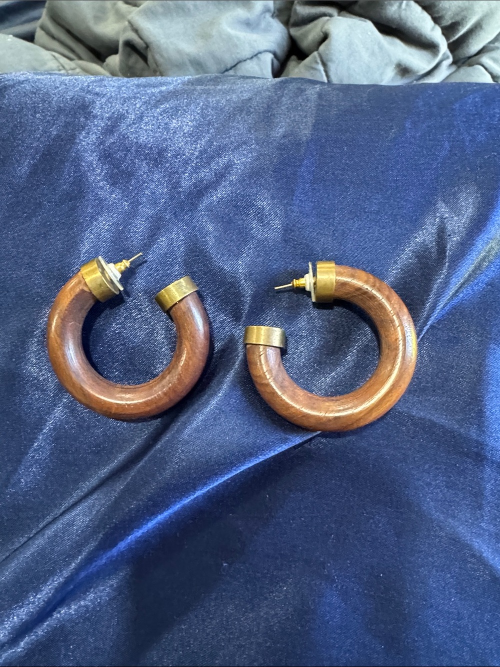 Wooden Hoop Earrings with Brass Accents - Brown